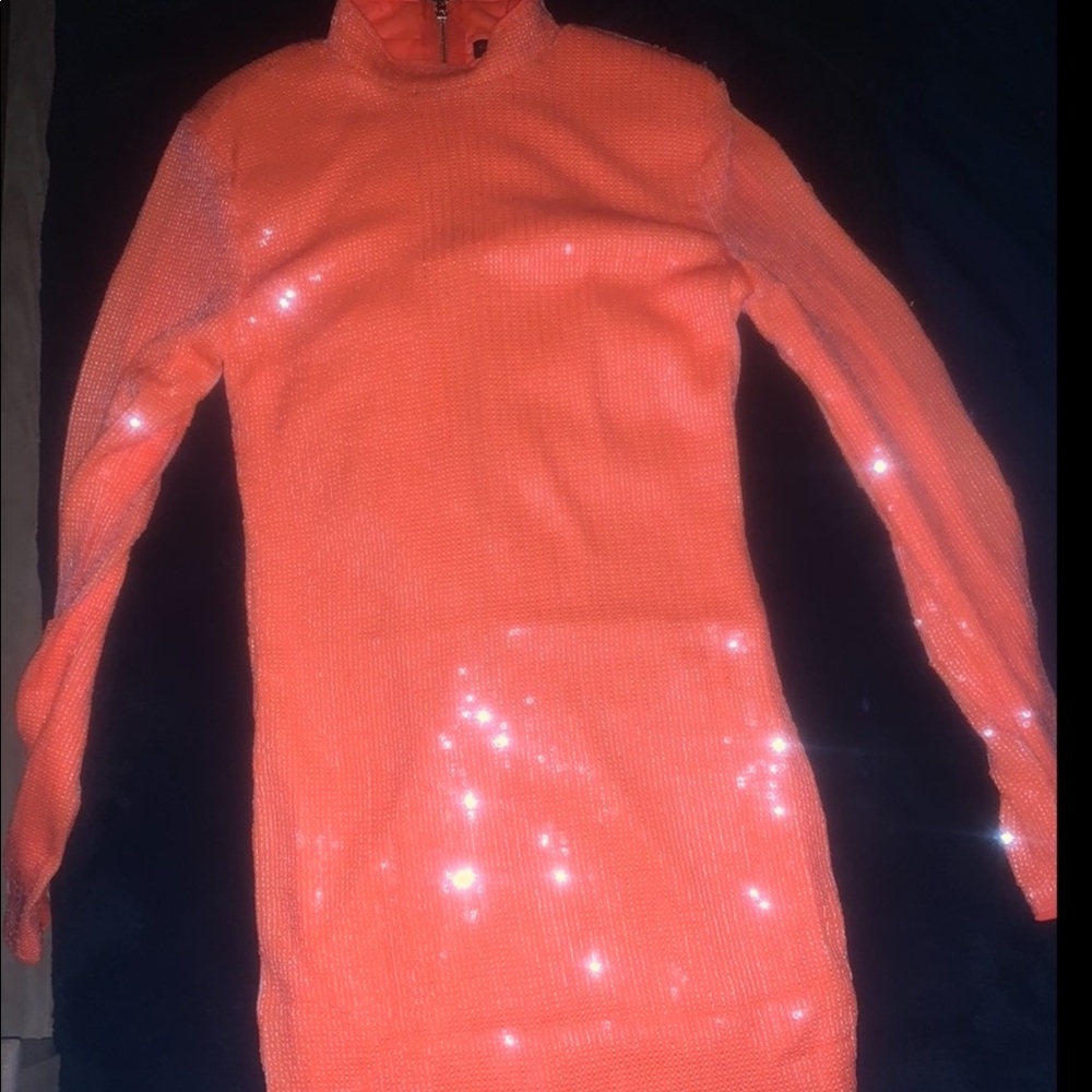 Neon Orange Sequins Mock Long Sleeves Mini Dress